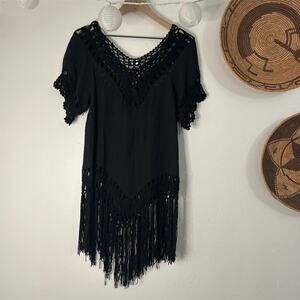 Vivid Imports Women's Boho Fringe Crochet Cover Up Top Black Blouse